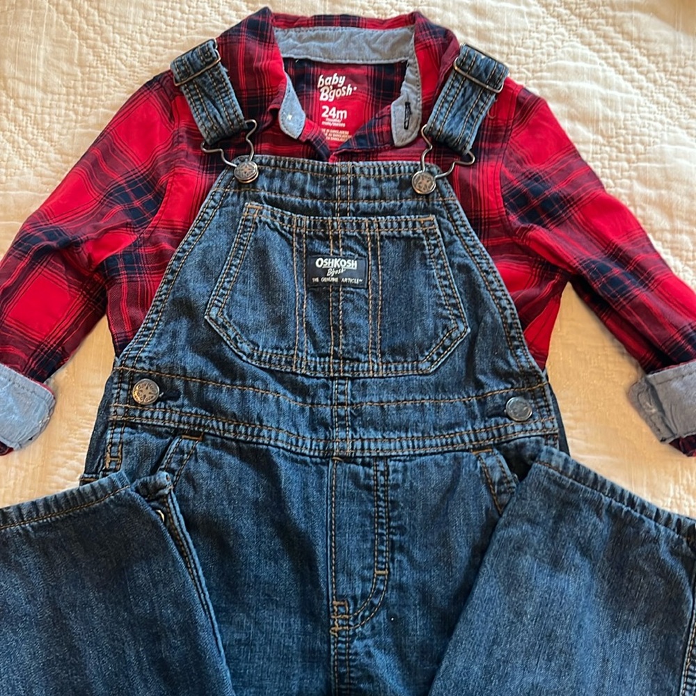 OshKosh B'gosh Blue Denim Overalls and button down onesie. 24 months